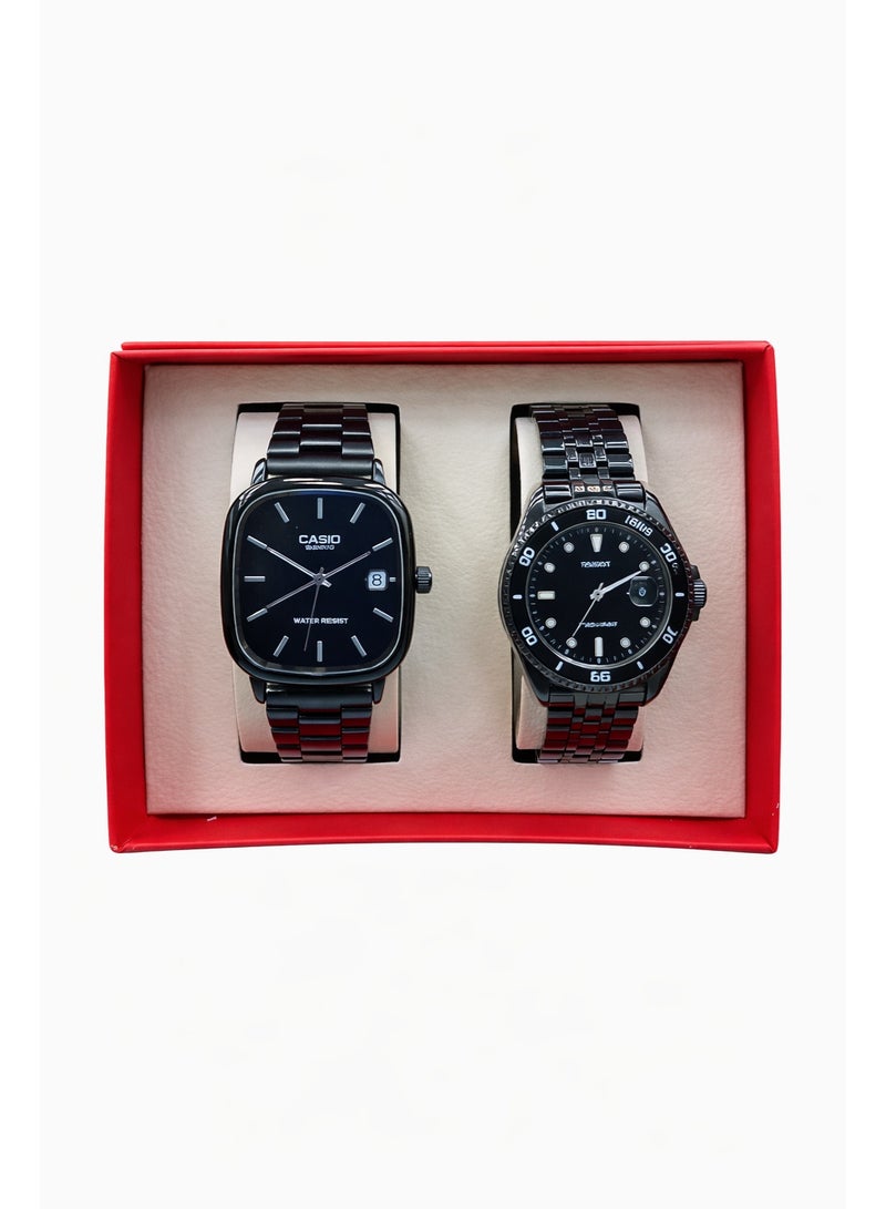 طقم ساعات يد رجالي – عدد 2 ساعة أنالوج بسوار ستانلس ستيل أسود (تصميم كلاسيك ورياضي)